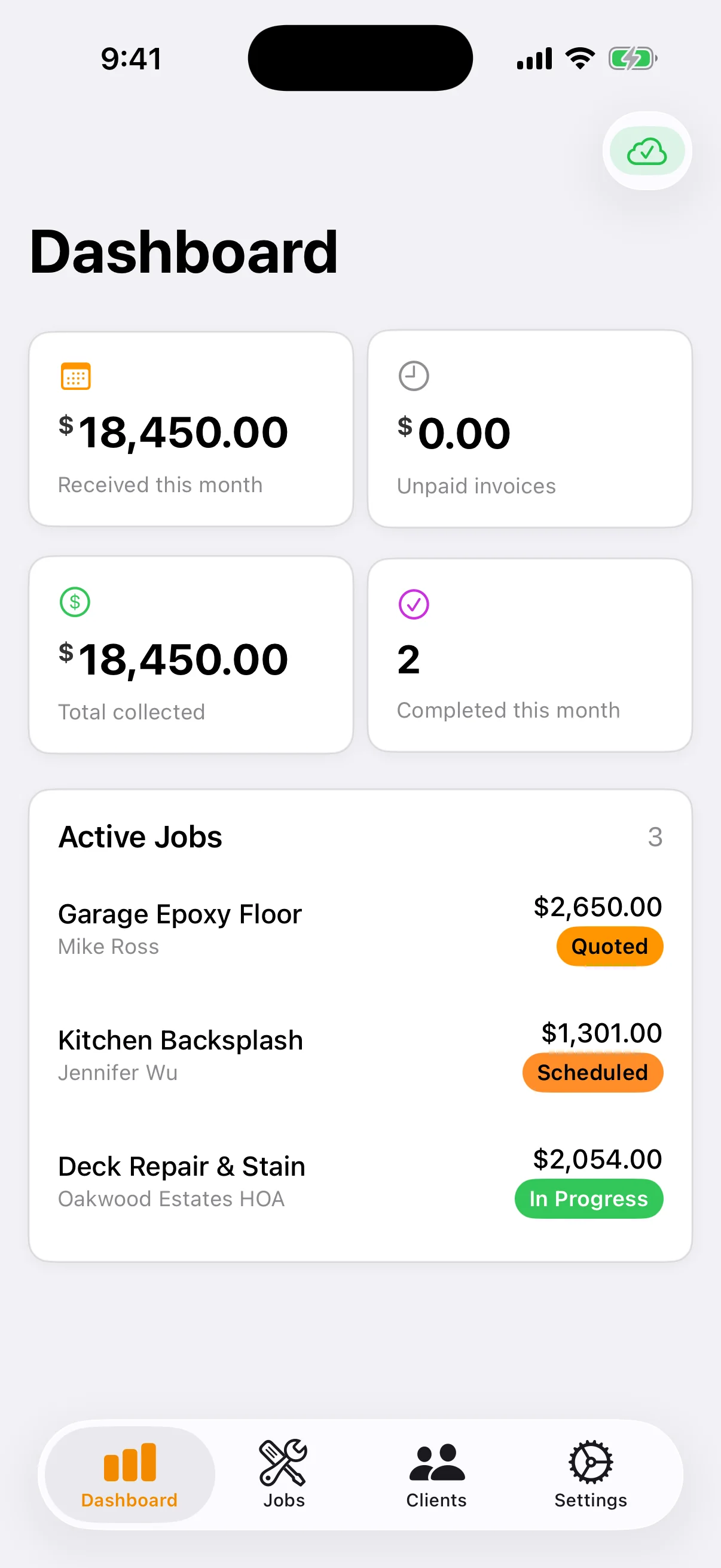 Offline-First with iCloud Sync: Full functionality without internet. iCloud sync keeps jobs, clients, photos, and templates safe and available across all your devices.