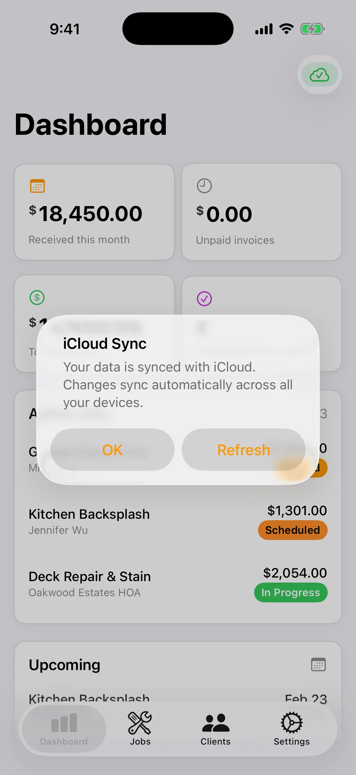 Calendar Sync & Smart Notifications: Scheduled jobs automatically appear in your iOS Calendar. Get reminders the morning of a job, alerts for stale quotes, and deep-link notifications that take you straight to the job.