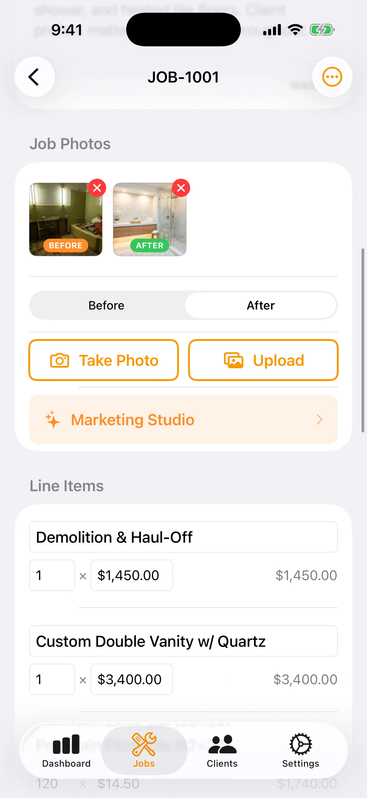 Job Photo Tagging: Capture and tag photos as Before or After so every job stays organized. EXIF metadata is automatically stripped for client privacy.
