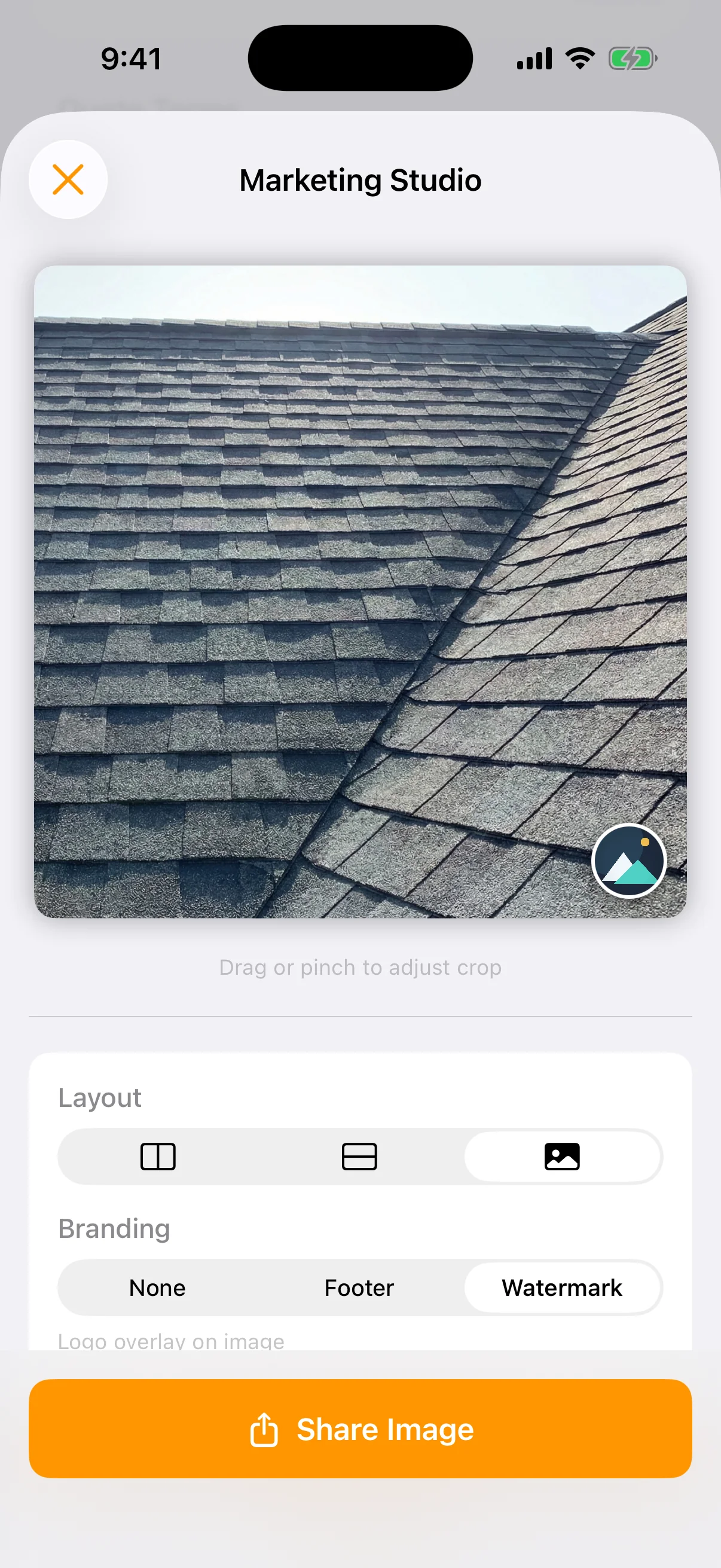 Premium Branding + White-Label: Add business card footers, logo watermarks, and auto Before/After badges. Remove the "Created with FieldDeck" watermark with Pro.